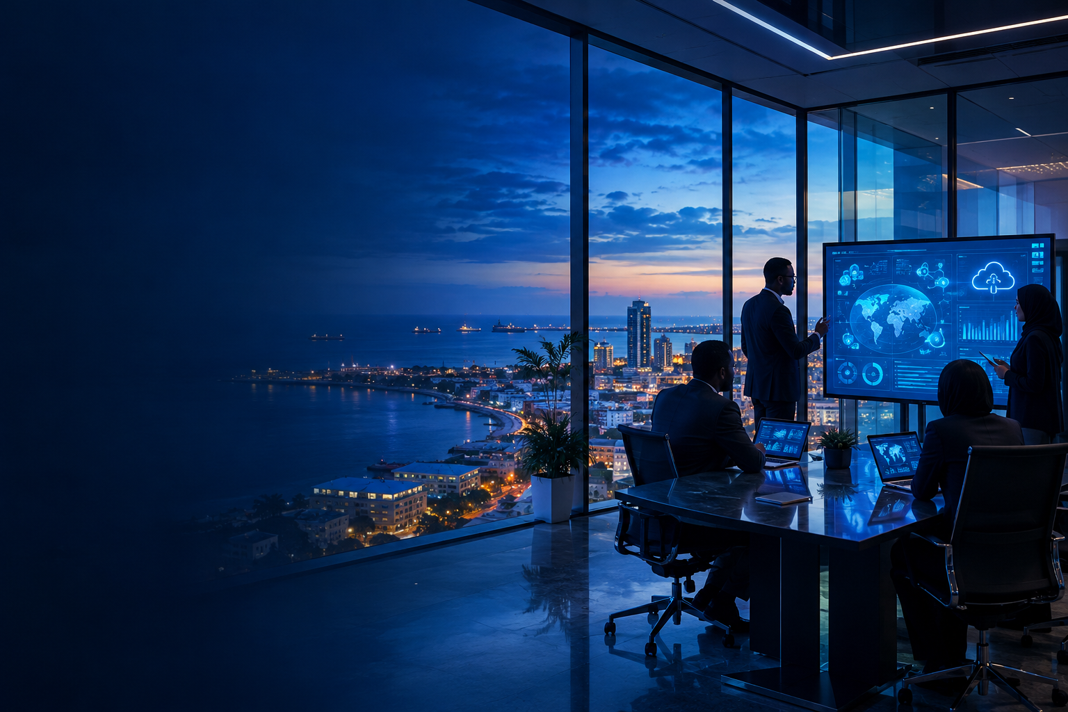 Technology professionals collaborating in a modern office